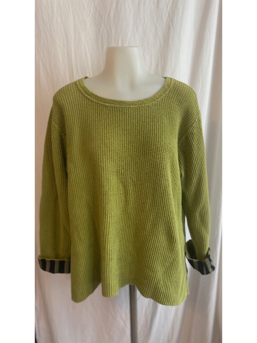 Margaret Winters Green 100% Cotton Striped Cuffs Textured Knit Sweater
